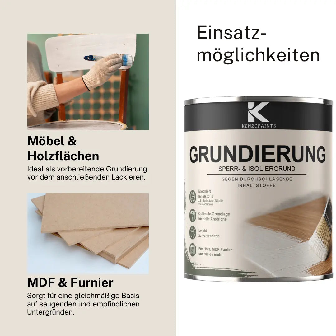 Kenzopaints Grundierung Sperrgrund Isoliergrund für Holz, MDF & Möbel Kenzopaints